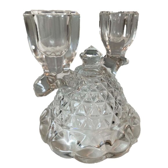 Vintage Double Imperial Crystal Style Glass Taper Candle Holder 4.5 Inch - Picture 3 of 4